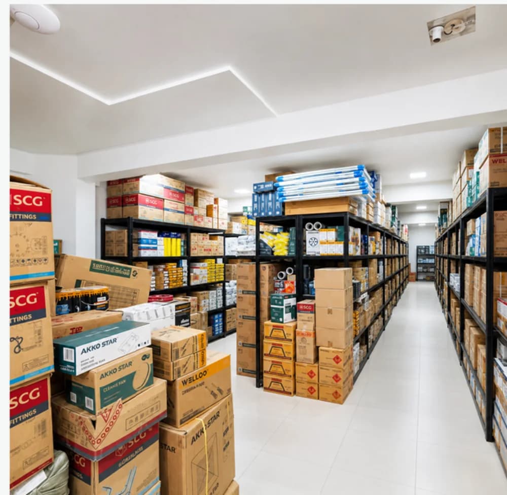Cartons of goods shelved along an aisle in a Brotherhood Group warehouse