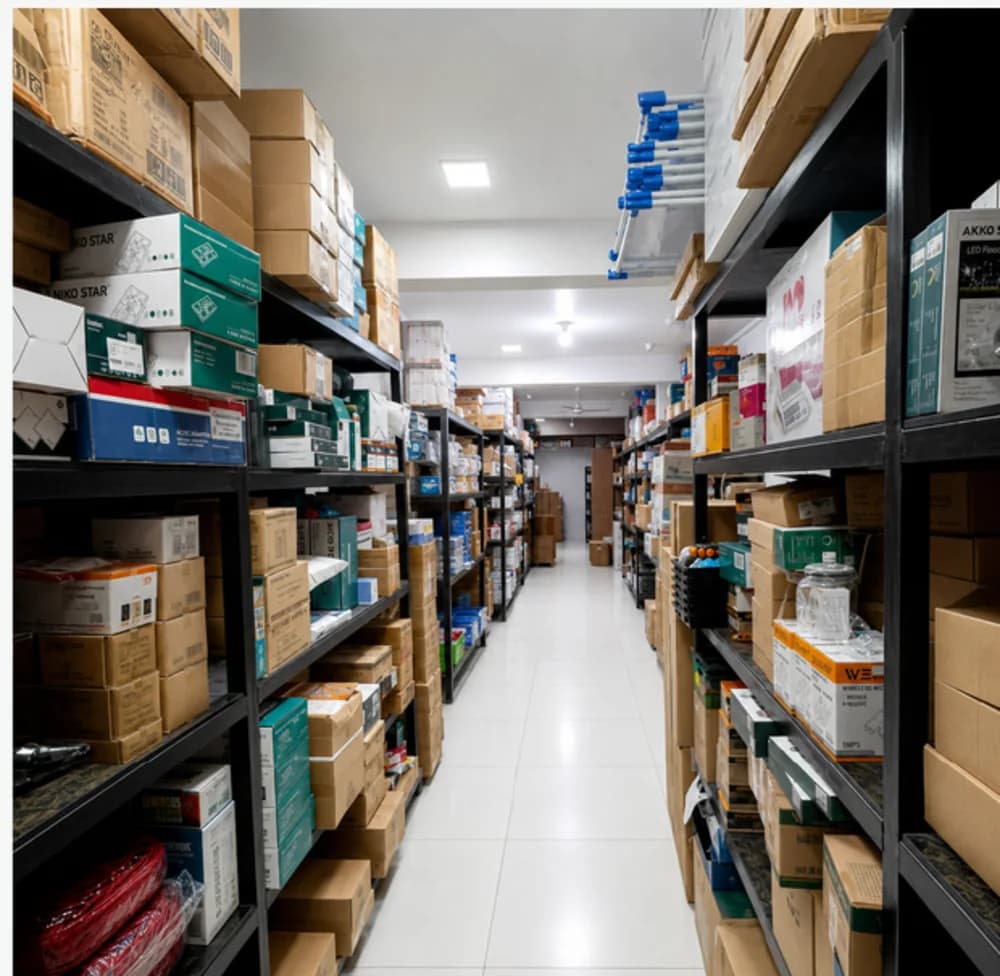 Boxed stock stacked on pallets and racking inside a Brotherhood Group warehouse
